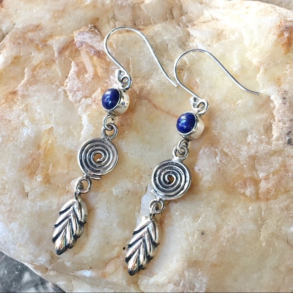 LAPIS LAZULI 925 sterling spiral and leaf earrings - Picture 2 of 9